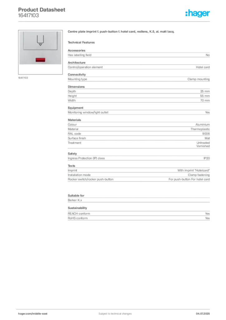 Image Hager Product data sheet 16417103  | Hager