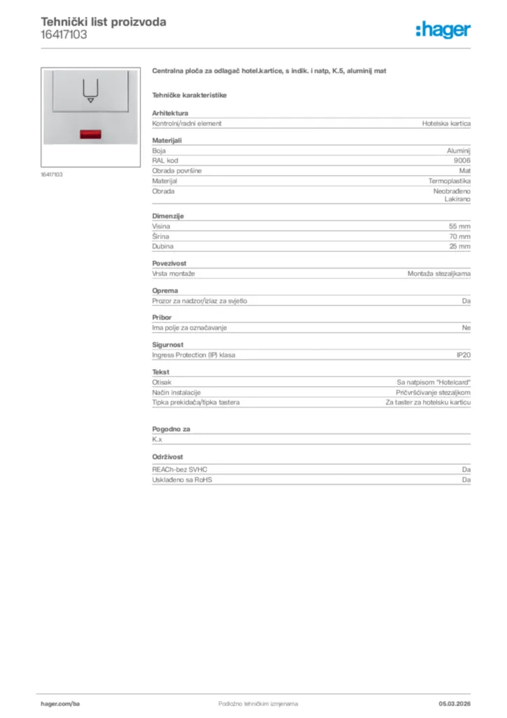 Slika Hager Tehnički list proizvoda 16417103  | Hager
