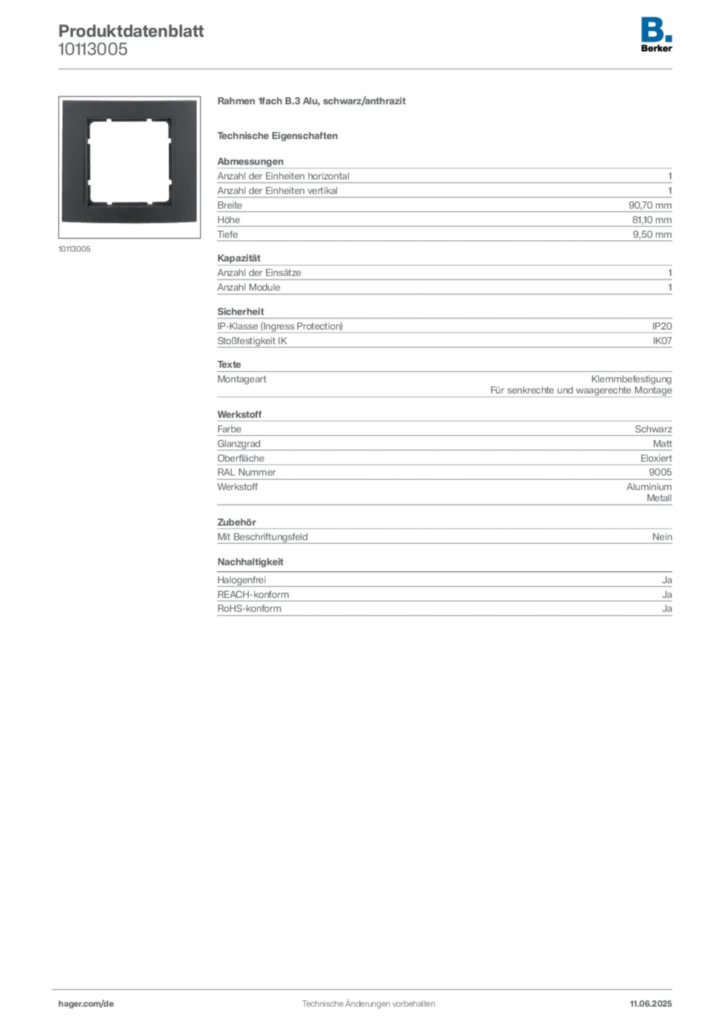 Bild Berker Produktdatenblatt 10113005 | Hager Deutschland