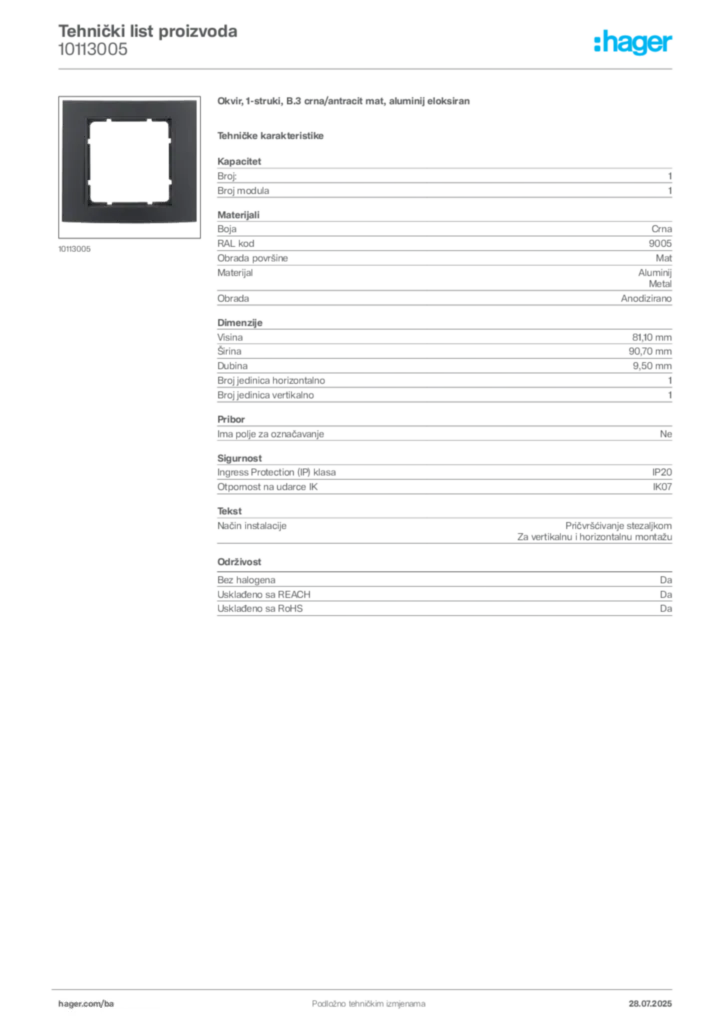 Slika Hager Product data sheet 10113005  | Hager
