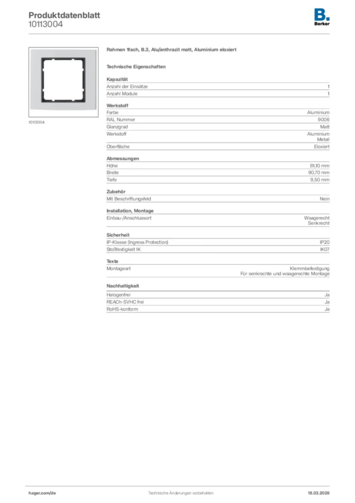Bild Berker Produktdatenblatt 10113004 | Hager Deutschland
