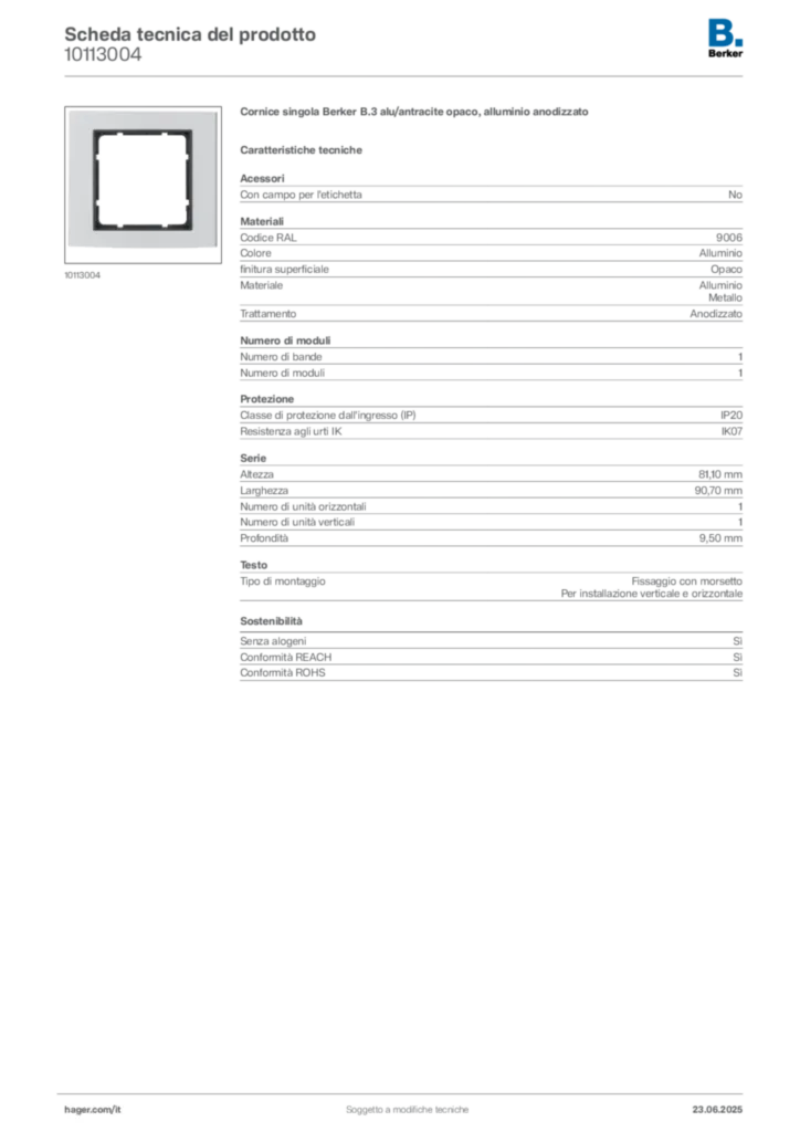 Immagine Berker Scheda tecnica del prodotto 10113004 | Hager Italia