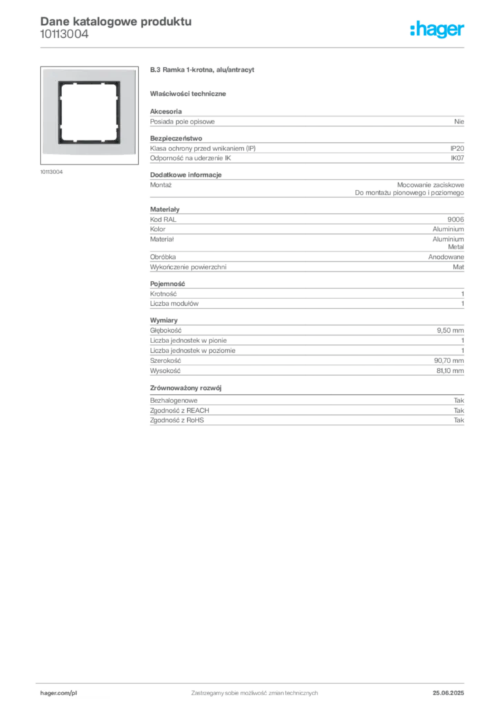 Zdjęcie Hager Dane katalogowe produktu 10113004 | Hager Polska