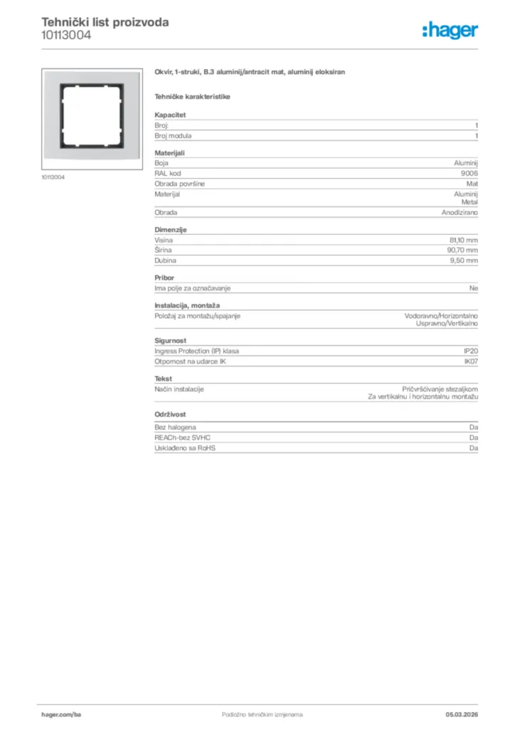 Slika Hager Tehnički list proizvoda 10113004  | Hager