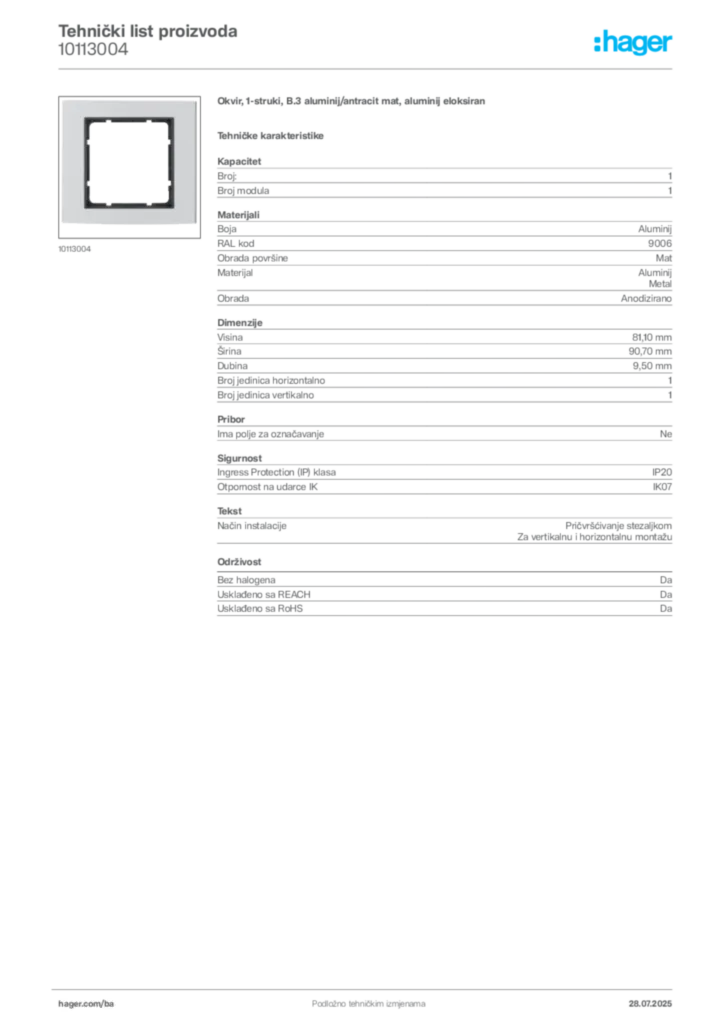 Slika Hager Product data sheet 10113004  | Hager