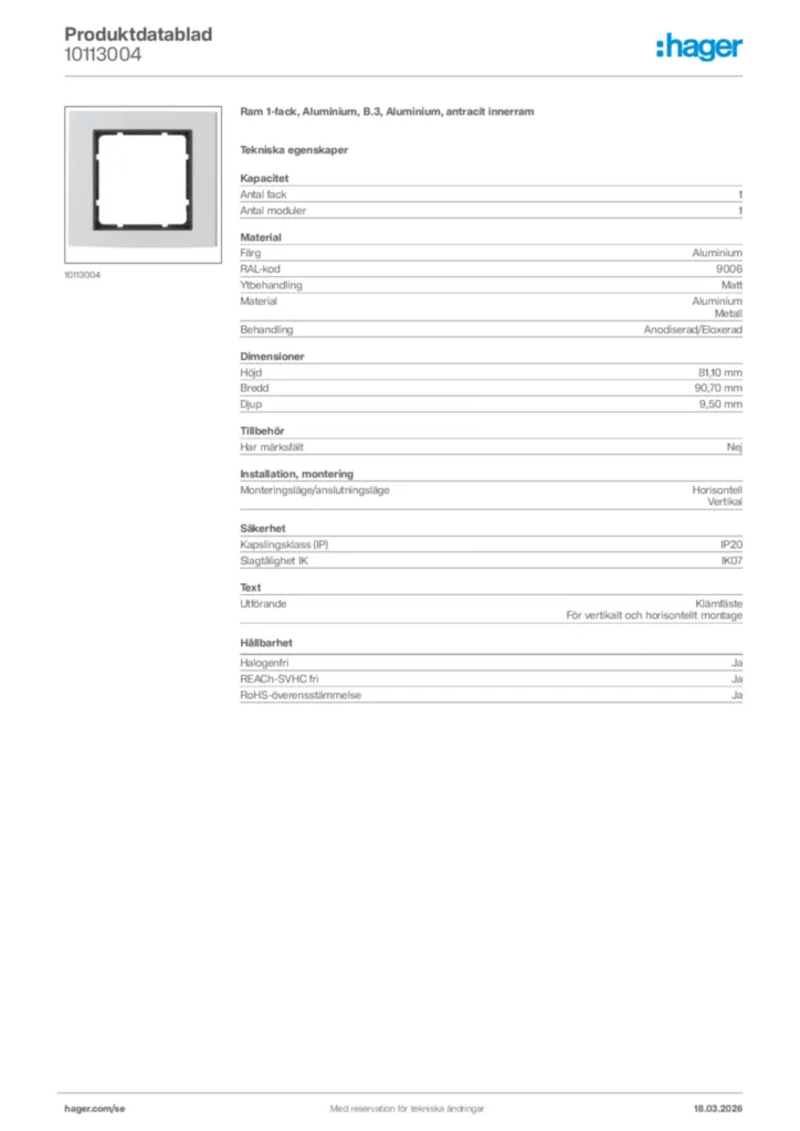 Bild Hager Produktdatablad 10113004 | Hager Sverige