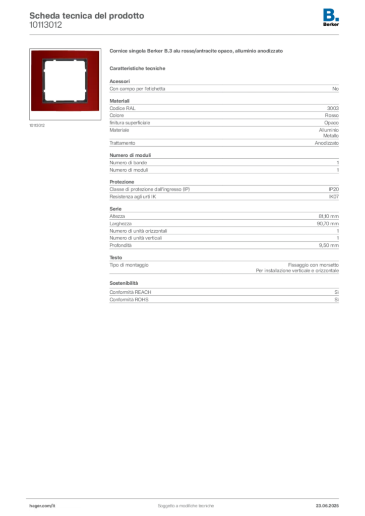 Immagine Berker Scheda tecnica del prodotto 10113012 | Hager Italia