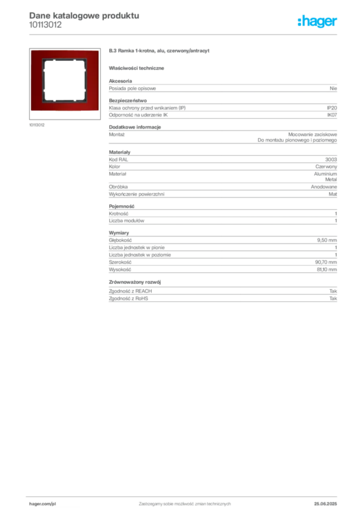 Zdjęcie Hager Dane katalogowe produktu 10113012 | Hager Polska