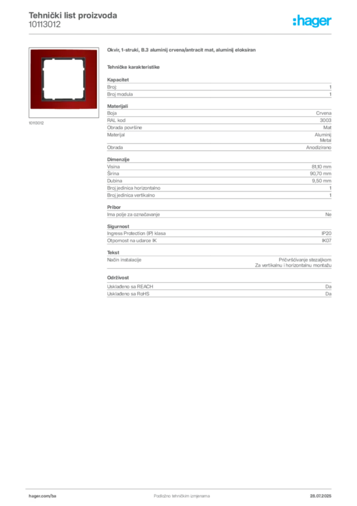 Slika Hager Product data sheet 10113012  | Hager