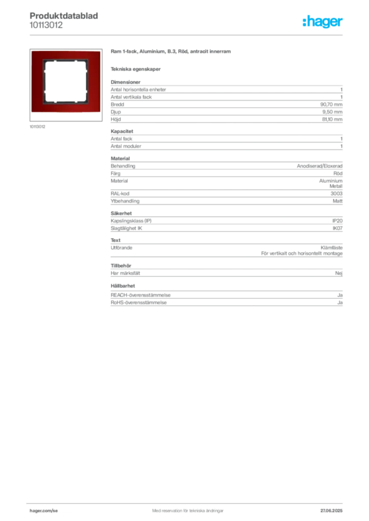 Bild Hager Produktdatablad 10113012 | Hager Sverige