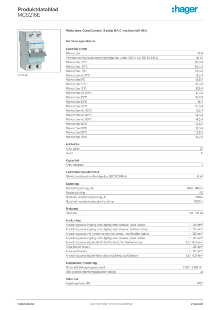 Bild Hager Produktdatablad MCS216E | Hager Sverige