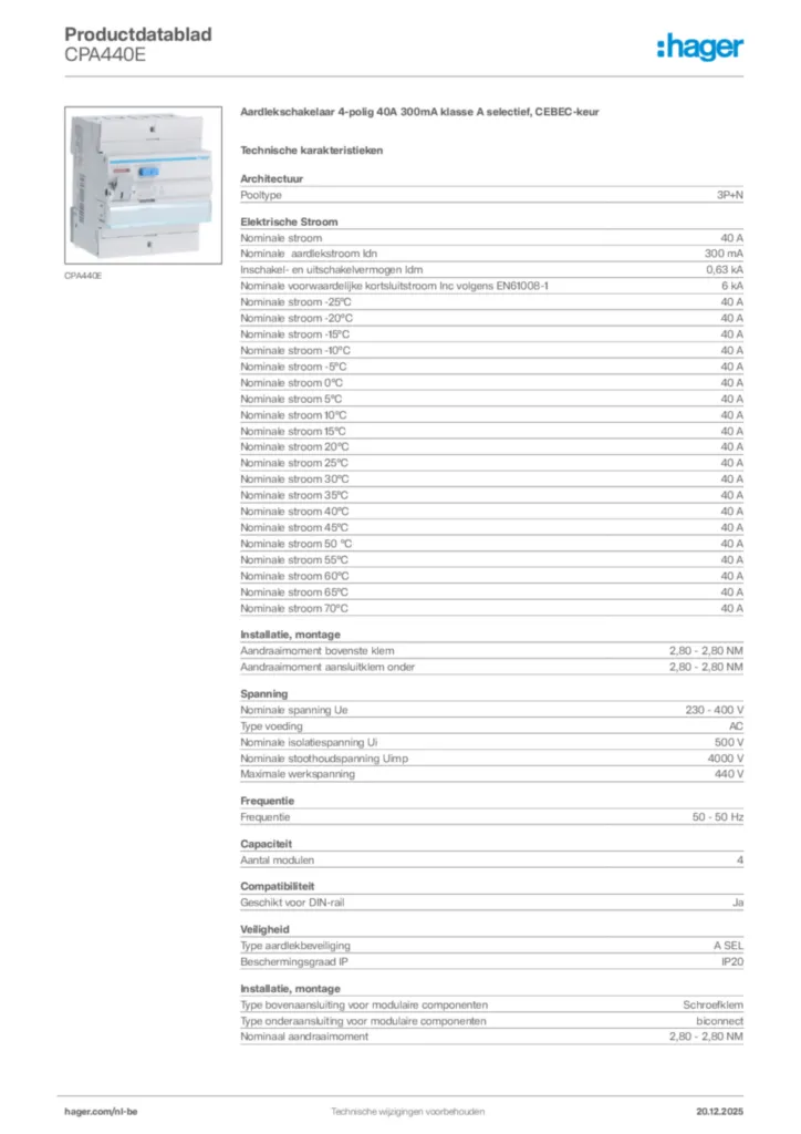Afbeelding Hager Productdatablad CPA440E | Hager Belgium