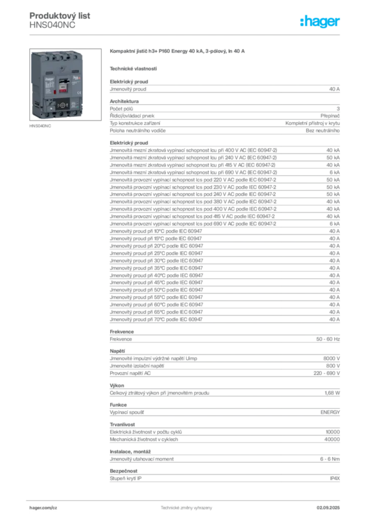 Obrázek Hager Produktový list HNS040NC | Hager
