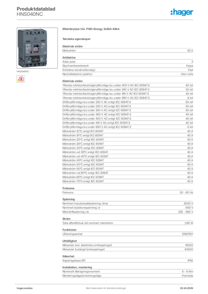 Bild Hager Produktdatablad HNS040NC | Hager Sverige