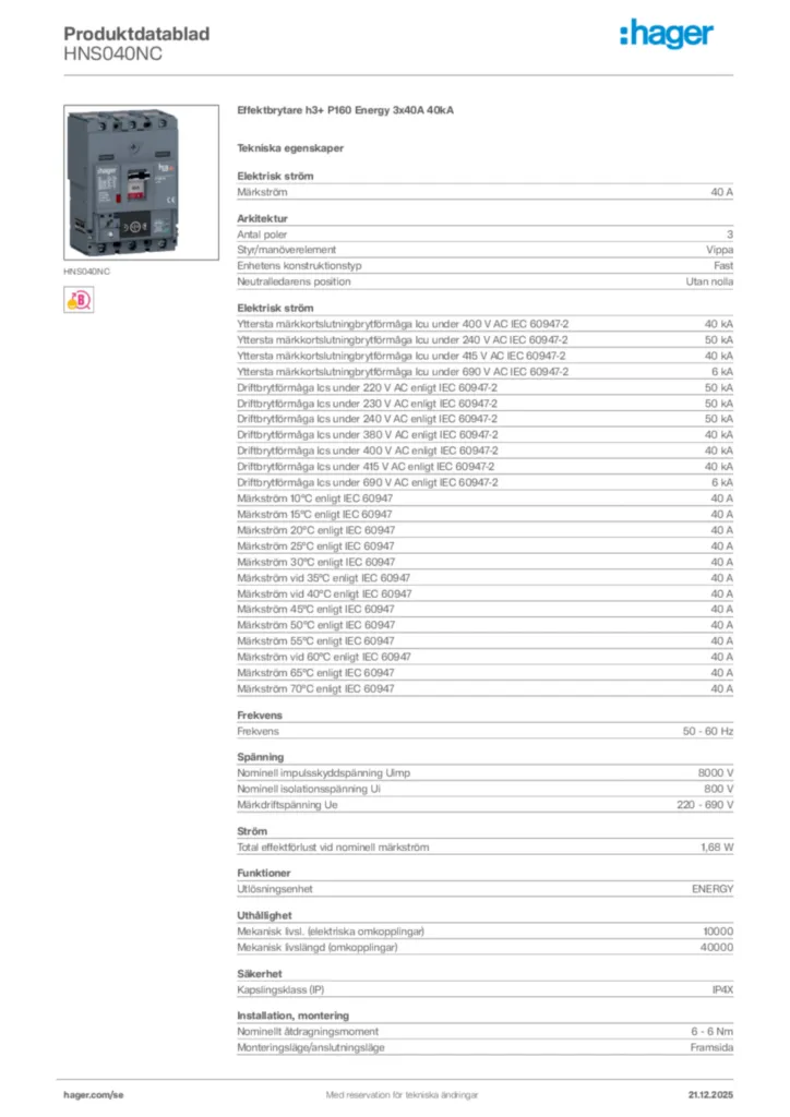 Bild Hager Produktdatablad HNS040NC | Hager Sverige