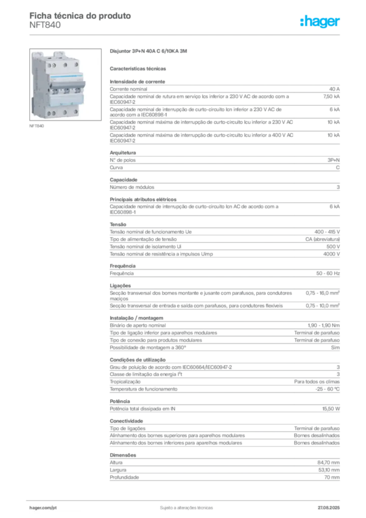 Imagem Hager Ficha técnica do produto NFT840 | Hager Portugal