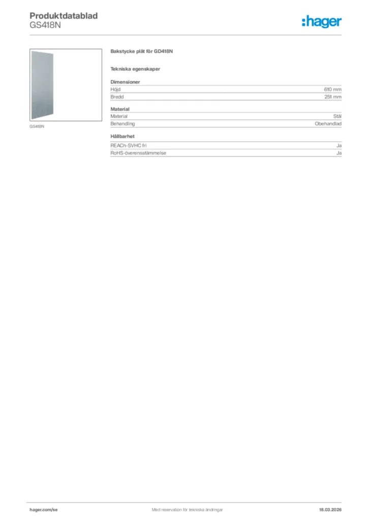 Bild Hager Produktdatablad GS418N | Hager Sverige
