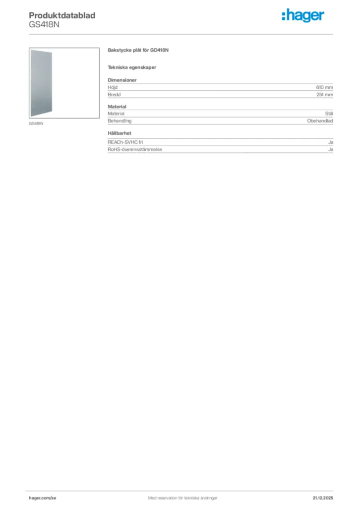 Bild Hager Produktdatablad GS418N | Hager Sverige