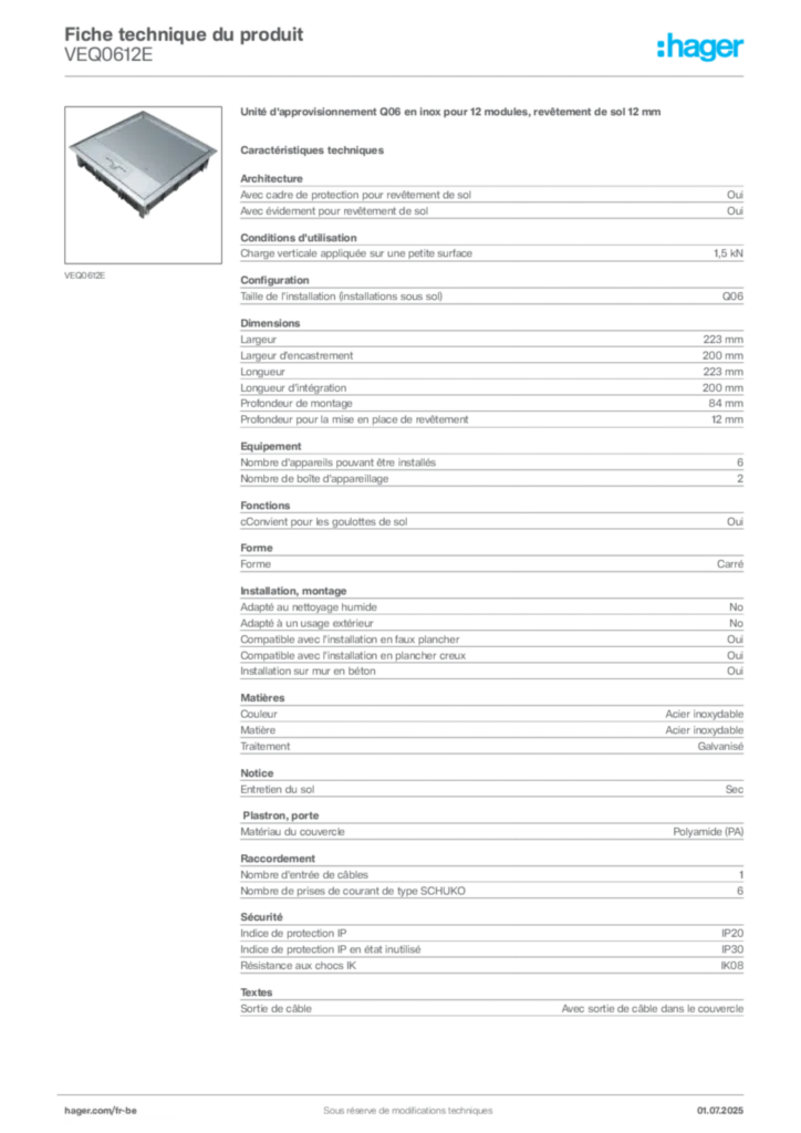 Image Hager Fiche technique du produit VEQ0612E | Hager Belgique