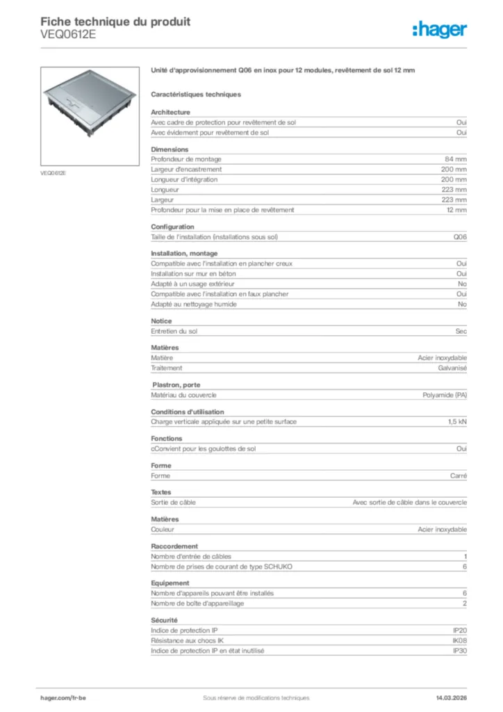 Image Hager Fiche technique du produit VEQ0612E | Hager Belgique