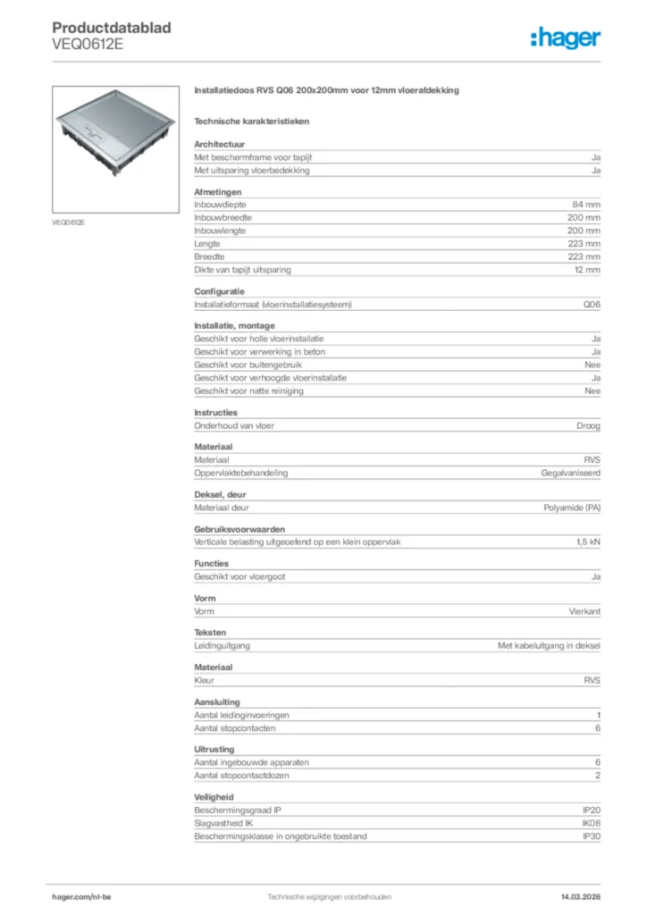 Afbeelding Hager Productdatablad VEQ0612E | Hager Belgium