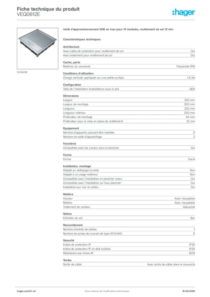 Image Hager Fiche technique du produit VEQ0612E | Hager Suisse