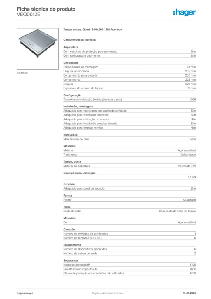 Imagem Hager Ficha técnica do produto VEQ0612E | Hager Portugal