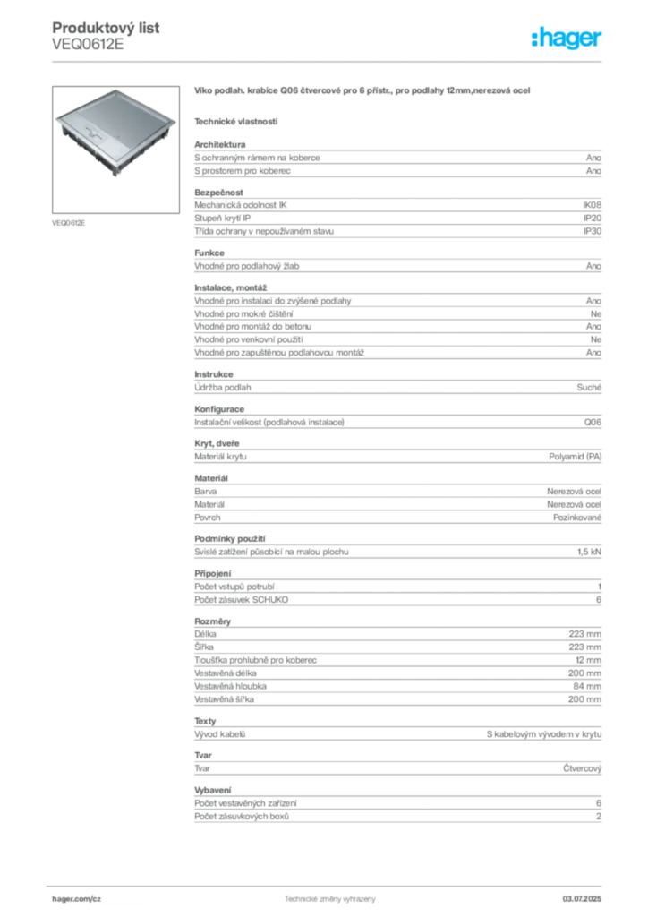Obrázek Hager Produktový list VEQ0612E | Hager