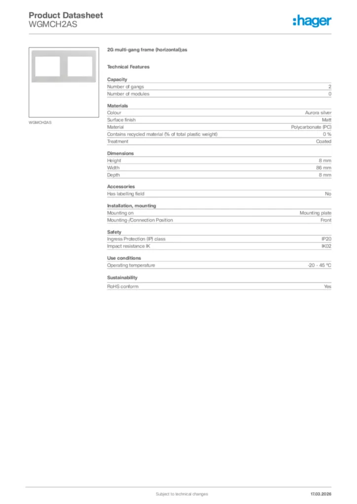 Image Hager Product data sheet WGMCH2AS  | Hager Africa
