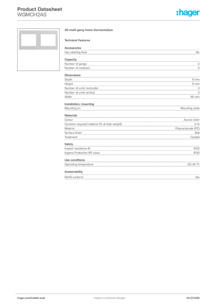 Image Hager Product data sheet WGMCH2AS  | Hager