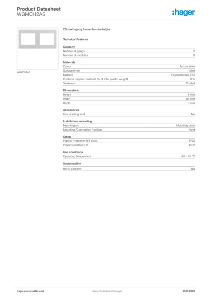 Image Hager Product data sheet WGMCH2AS  | Hager