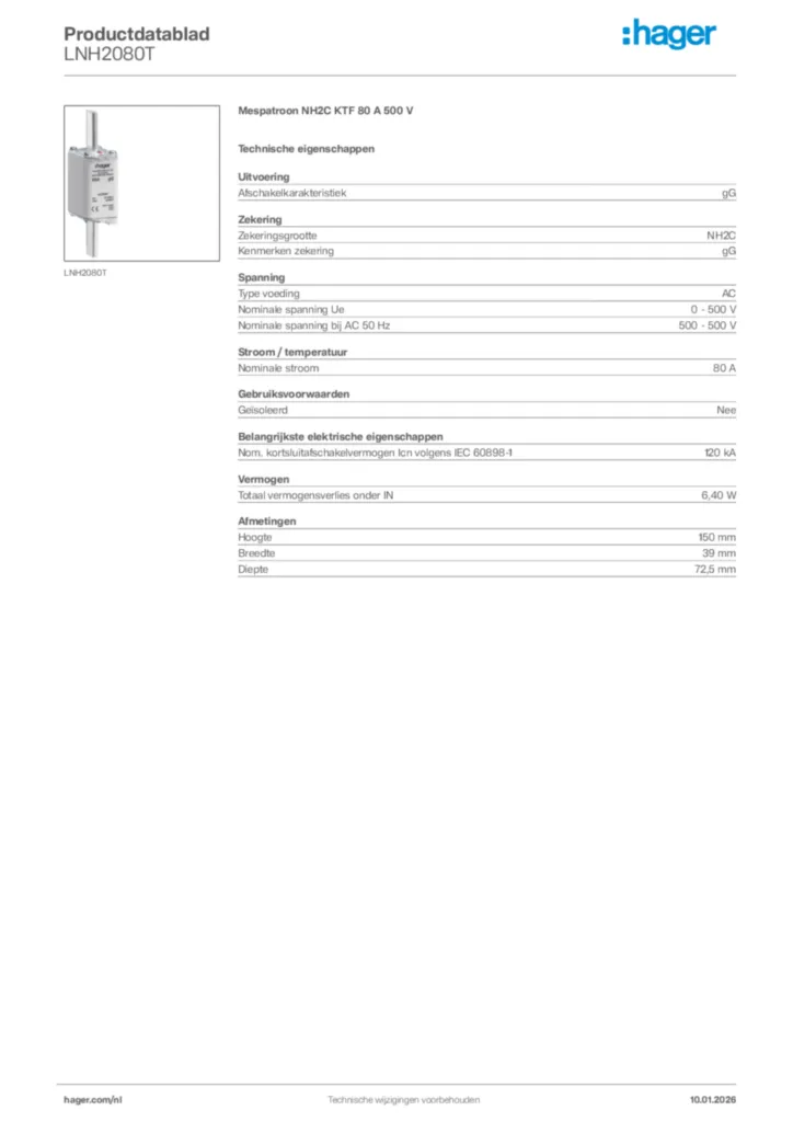 Afbeelding Hager Productdatablad LNH2080T | Hager Nederland