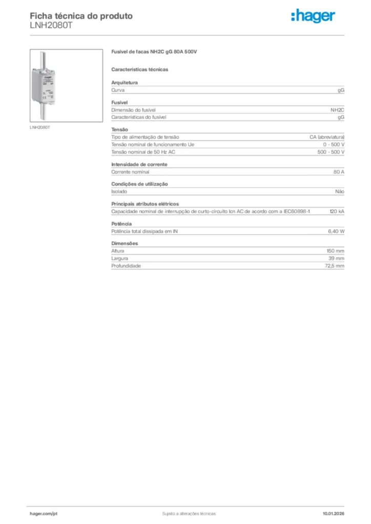 Imagem Hager Ficha técnica do produto LNH2080T | Hager Portugal