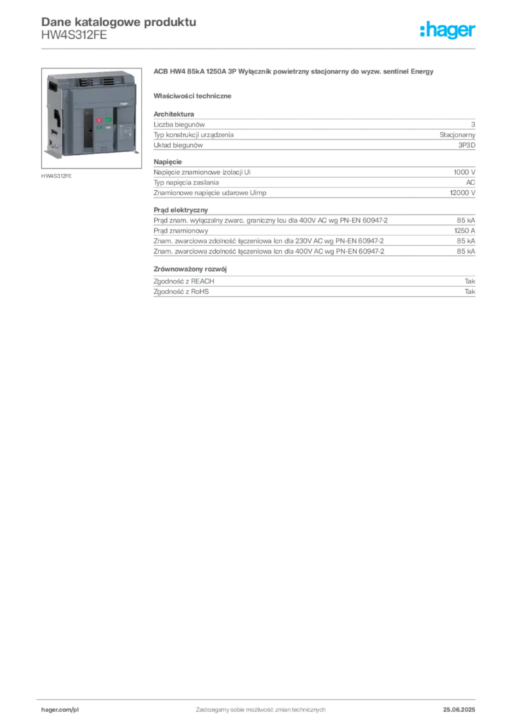 Zdjęcie Hager Dane katalogowe produktu HW4S312FE | Hager Polska