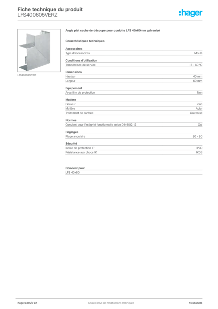 Image Hager Fiche technique du produit LFS400605VERZ | Hager Suisse