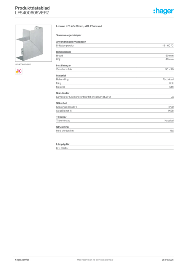 Bild Hager Produktdatablad LFS400605VERZ | Hager Sverige