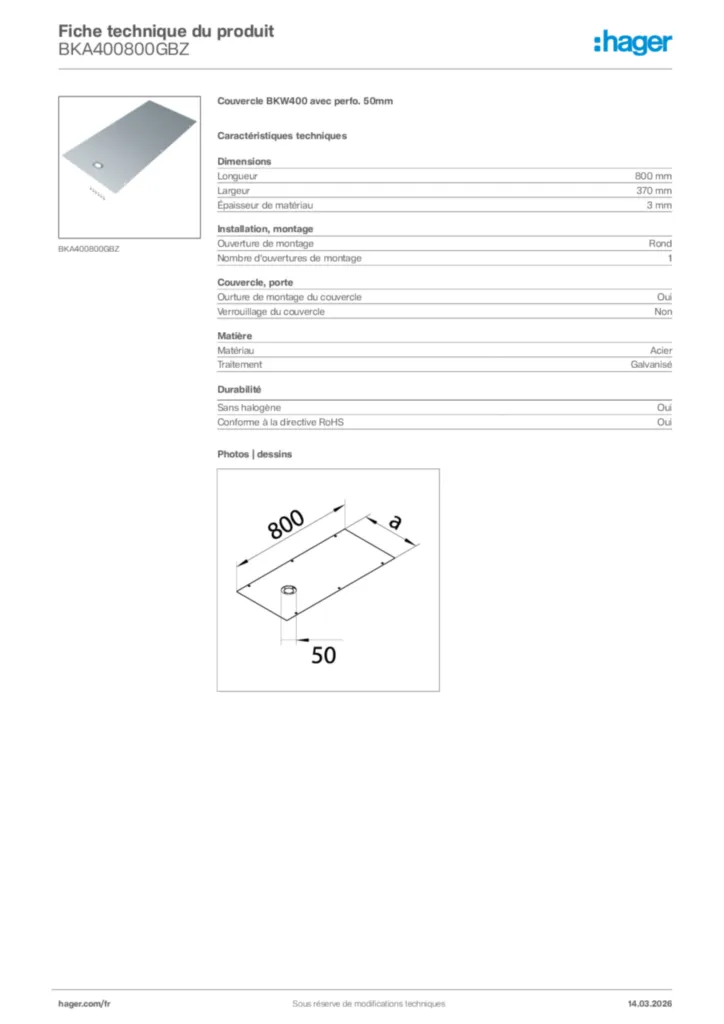 Image Hager Fiche technique du produit BKA400800GBZ | Hager France