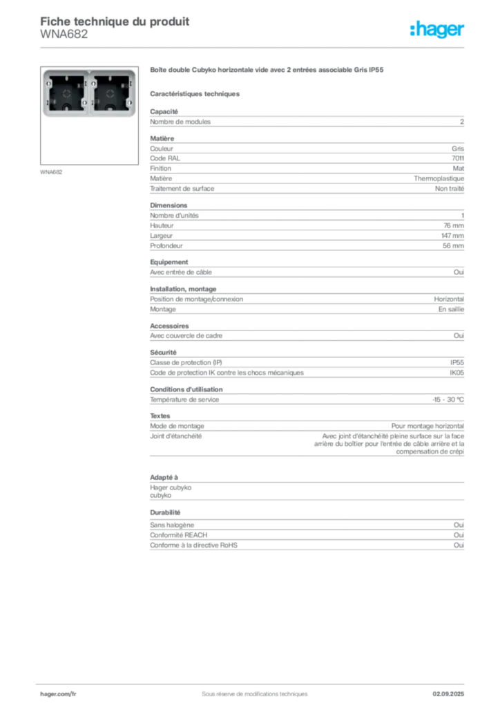 Image Hager Fiche technique du produit WNA682 | Hager France