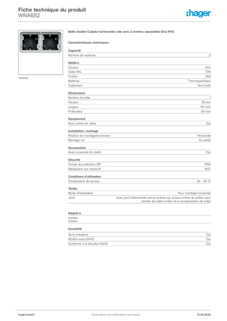 Image Hager Fiche technique du produit WNA682 | Hager France