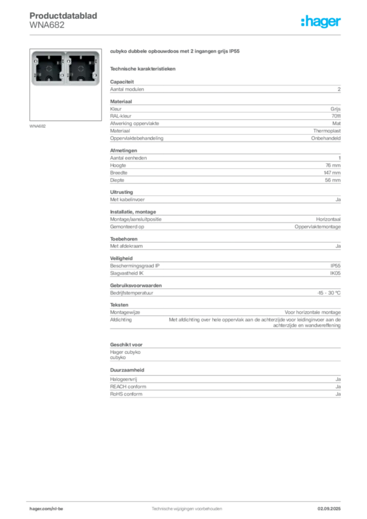 Afbeelding Hager Productdatablad WNA682 | Hager Belgium