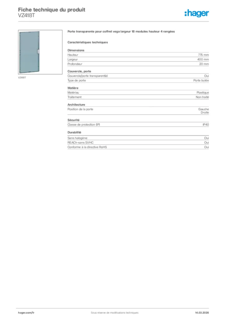 Image Hager Fiche technique du produit VZ418T | Hager France