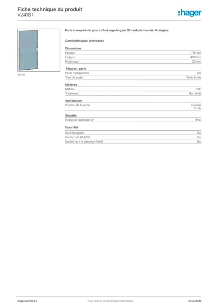 Image Hager Fiche technique du produit VZ418T | Hager Belgique