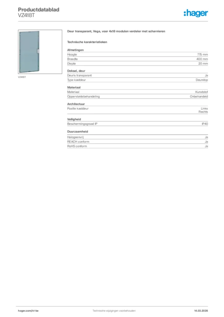 Afbeelding Hager Productdatablad VZ418T | Hager Belgium