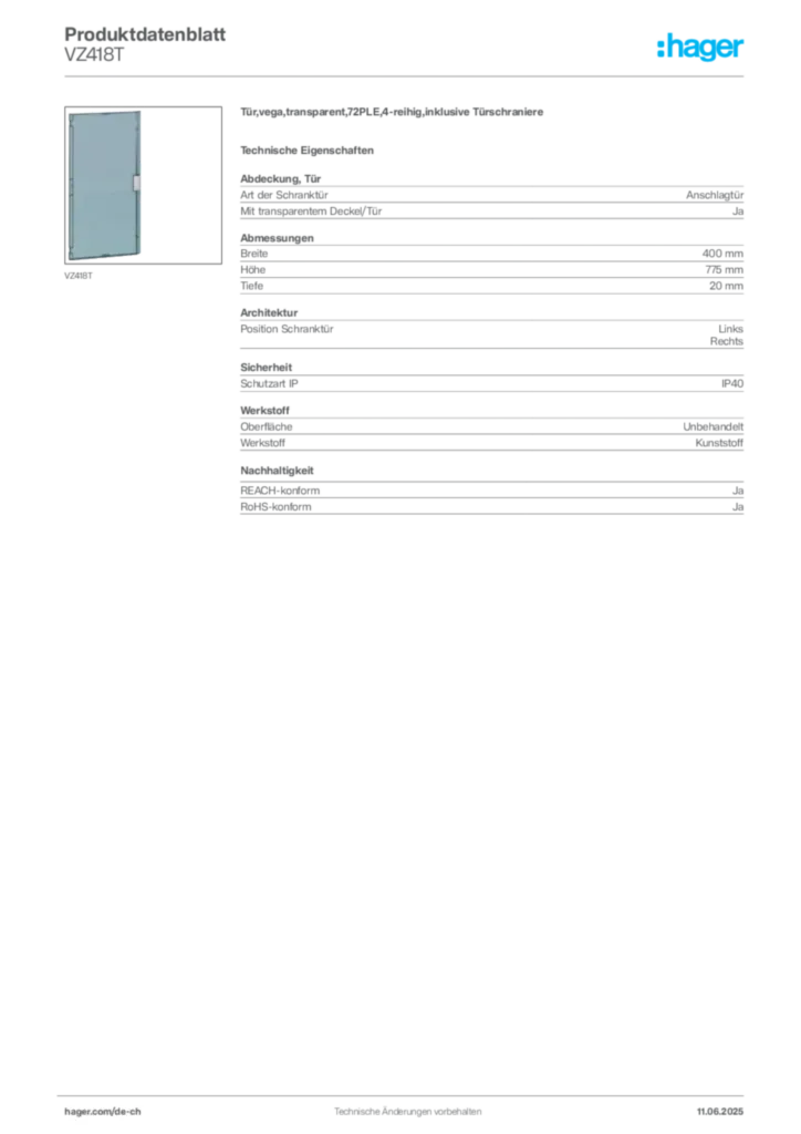 Bild Hager Produktdatenblatt VZ418T | Hager Schweiz