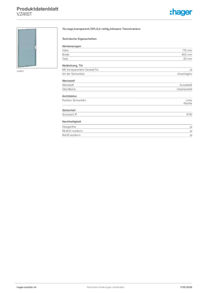 Bild Hager Produktdatenblatt VZ418T | Hager Schweiz