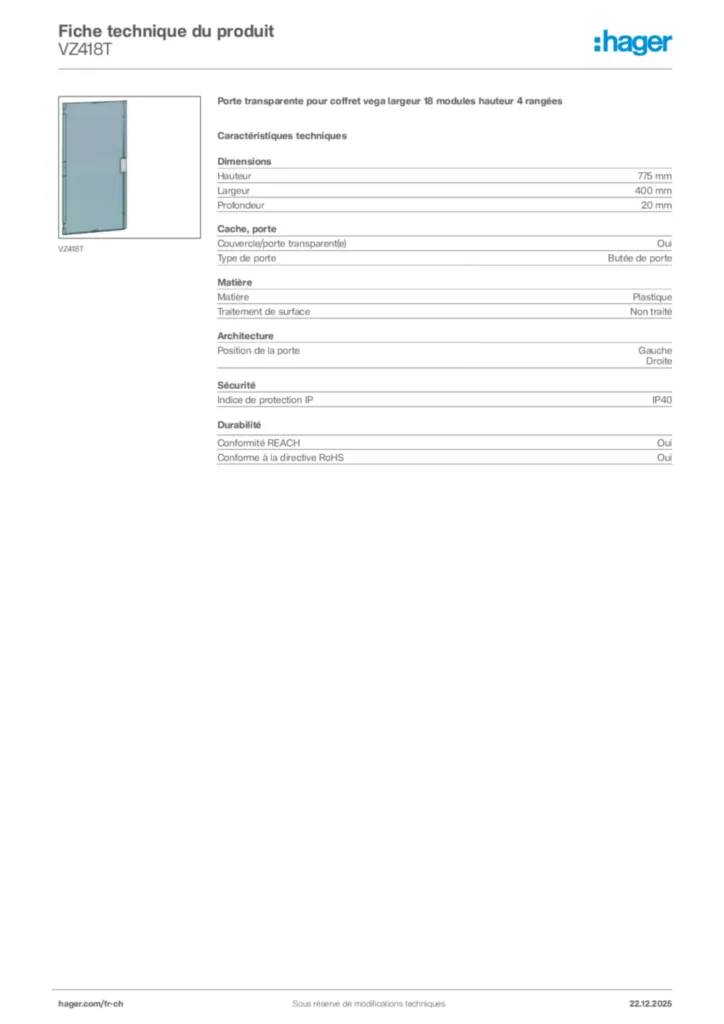 Image Hager Fiche technique du produit VZ418T | Hager Suisse