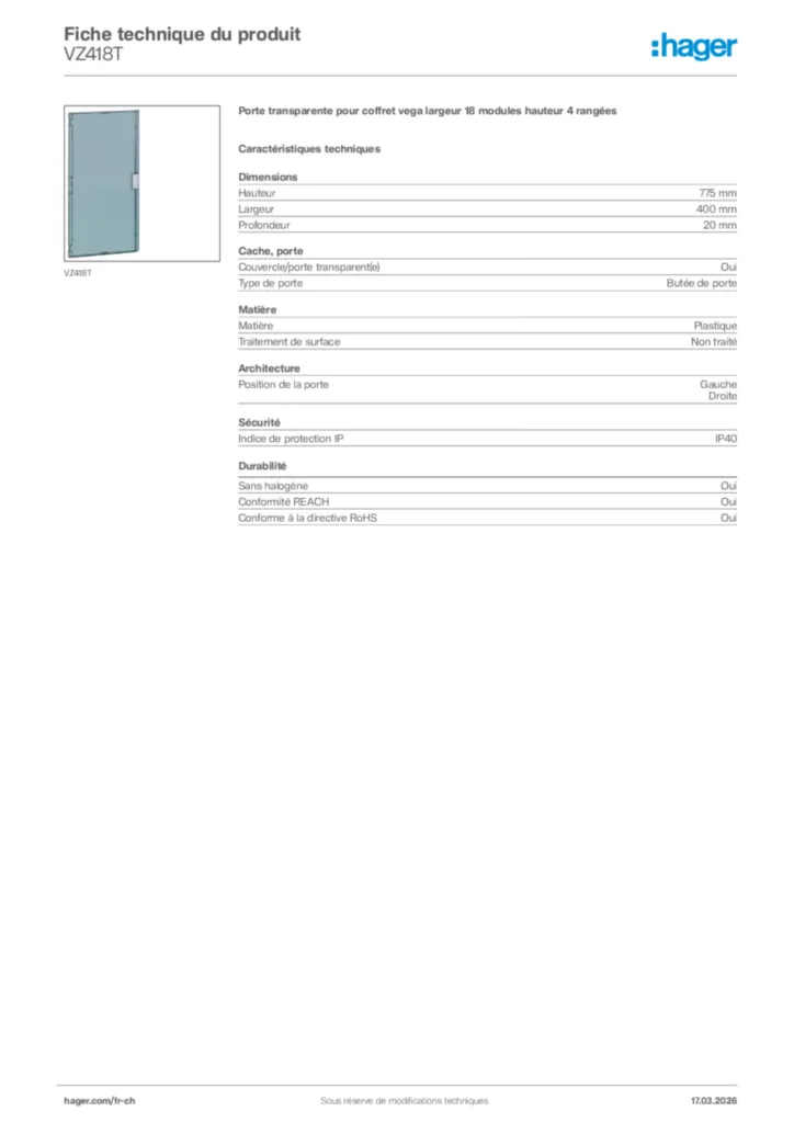 Image Hager Fiche technique du produit VZ418T | Hager Suisse