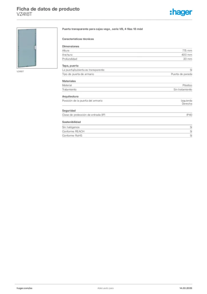 Imagen Hager Ficha de datos de producto VZ418T | Hager España