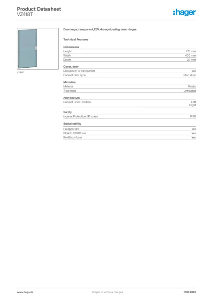 Image Hager Product data sheet VZ418T  | Hager