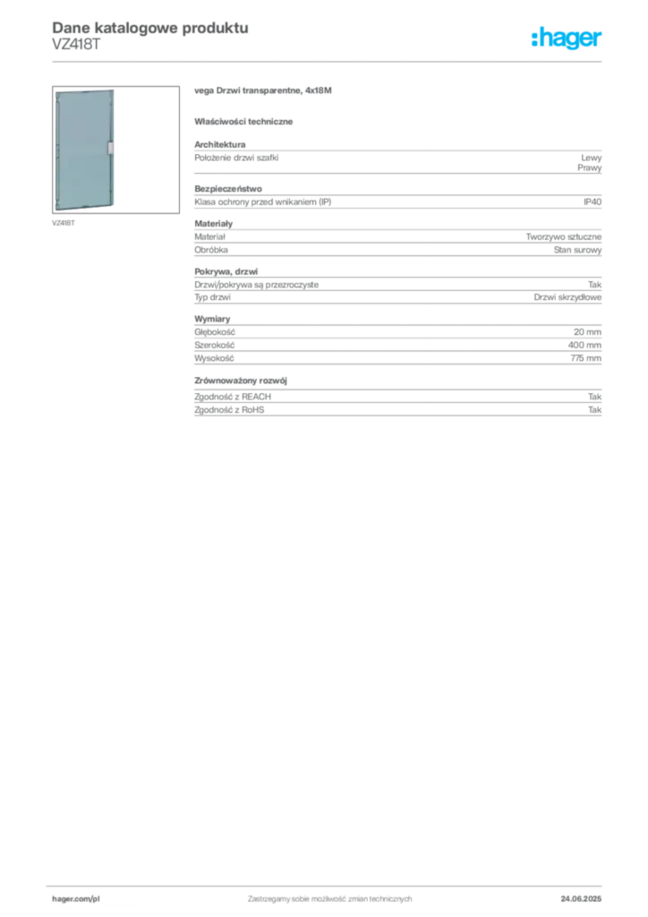 Zdjęcie Hager Dane katalogowe produktu VZ418T | Hager Polska